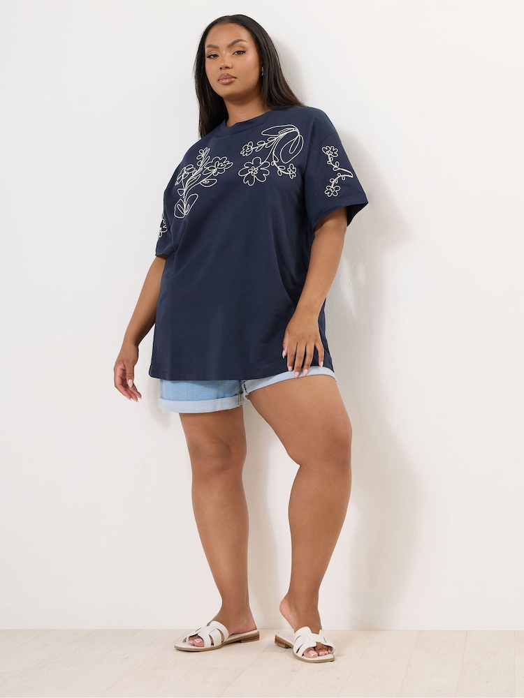 Yours Curve Blue Applique Drop Shoulder 100% Cotton T-Shirt - Image 2 of 5