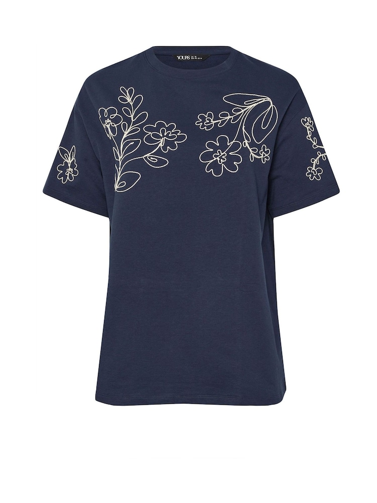 Yours Curve Blue Applique Drop Shoulder 100% Cotton T-Shirt - Image 5 of 5