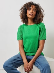 M&Co Green Broderie Puff Sleeve 100% Cotton T-Shirt - Image 1 of 5