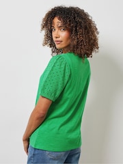 M&Co Green Broderie Puff Sleeve 100% Cotton T-Shirt - Image 2 of 5