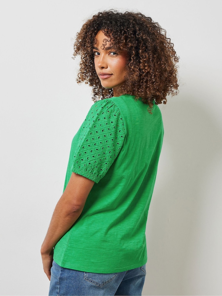 M&Co Green Broderie Puff Sleeve 100% Cotton T-Shirt - Image 2 of 5