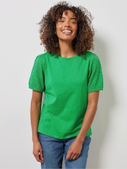 M&Co Green Broderie Puff Sleeve 100% Cotton T-Shirt - Image 4 of 5