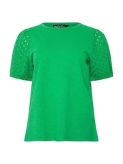 M&Co Green Broderie Puff Sleeve 100% Cotton T-Shirt - Image 5 of 5
