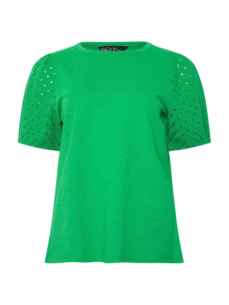 M&Co Green Broderie Puff Sleeve 100% Cotton T-Shirt - Image 5 of 5