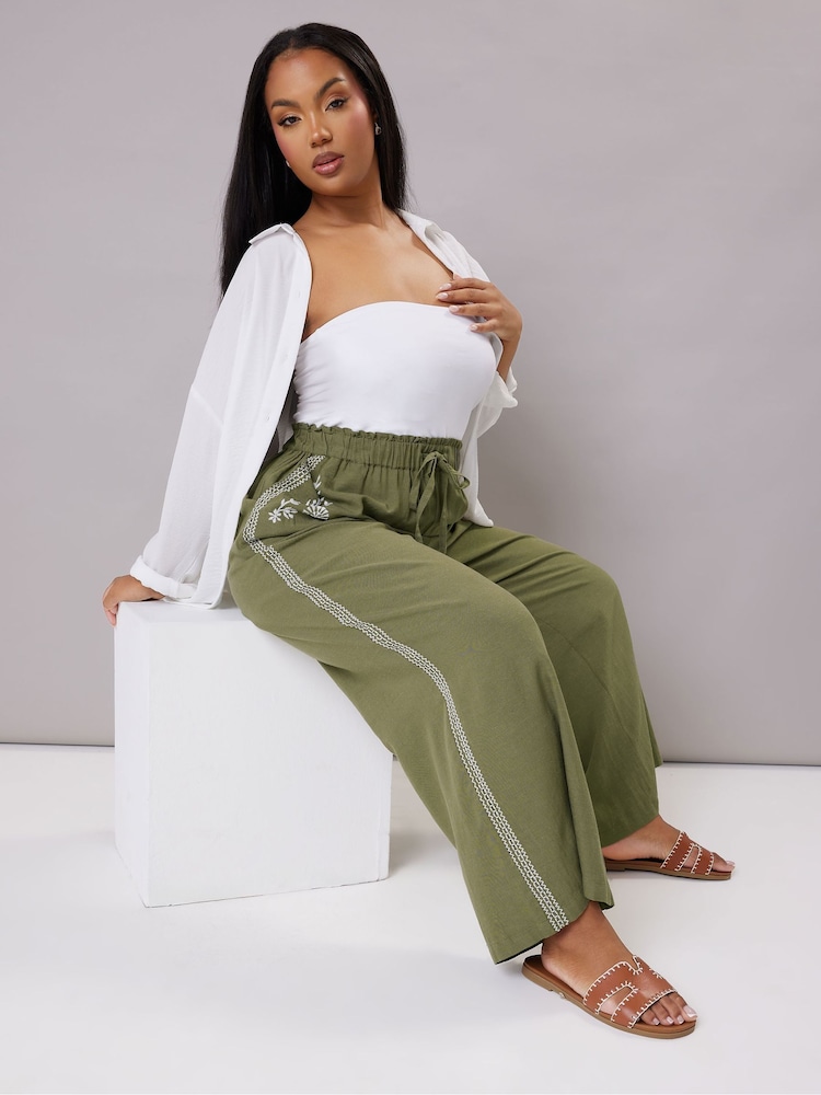 Verde - Pantaloni largi cu broderie Yours Curve - Imaginea 2 din 5
