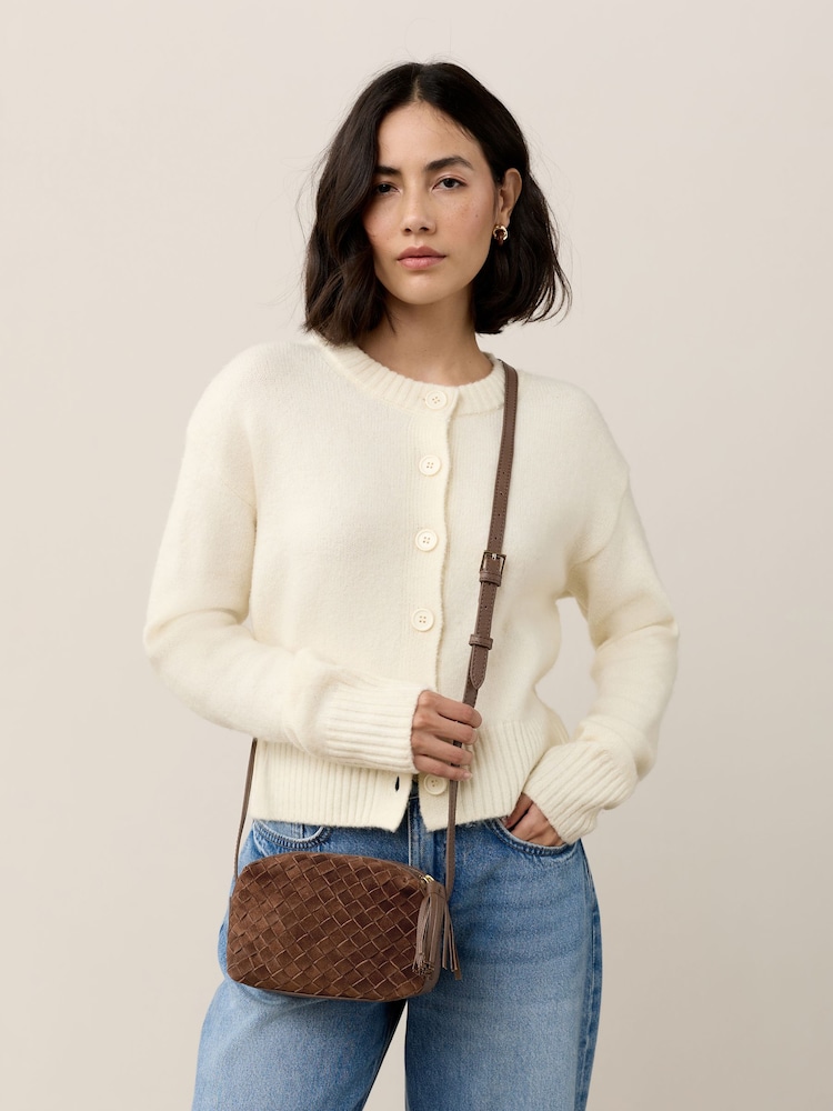 Tan Brown Leather Weave Cross-Body Bag - Image 1 of 8