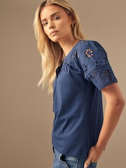 M&Co Blue Petite Woven Broderie Sleeve 100% Cotton T-Shirt - Image 2 of 4