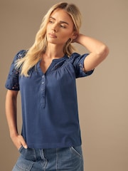 M&Co Blue Petite Woven Broderie Sleeve 100% Cotton T-Shirt - Image 3 of 4