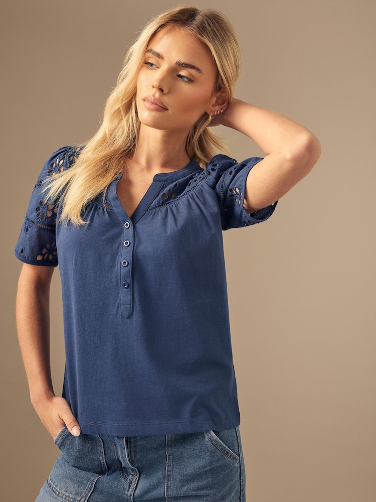 M&Co Blue Petite Woven Broderie Sleeve 100% Cotton T-Shirt - Image 3 of 4