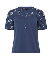 M&Co Blue Petite Woven Broderie Sleeve 100% Cotton T-Shirt - Image 4 of 4