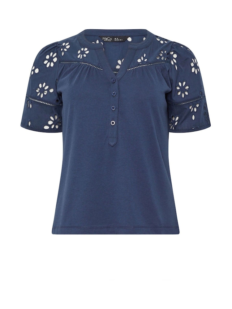 M&Co Blue Petite Woven Broderie Sleeve 100% Cotton T-Shirt - Image 4 of 4