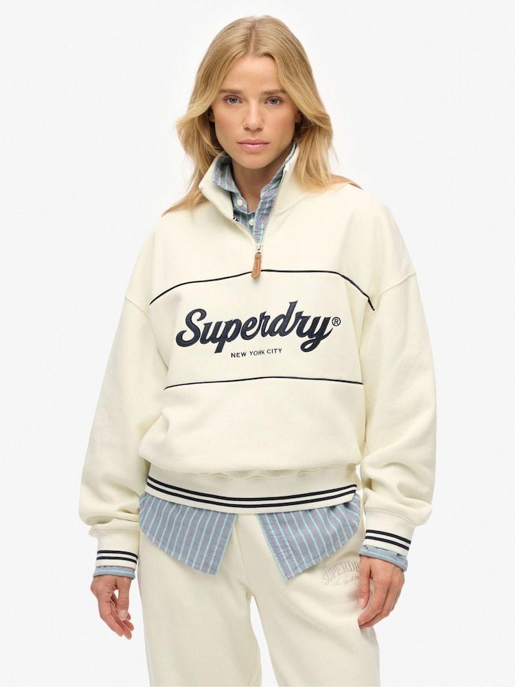 Superdry Cream Country Club Loose 1/4 Zip Sweatshirt - Image 1 of 5