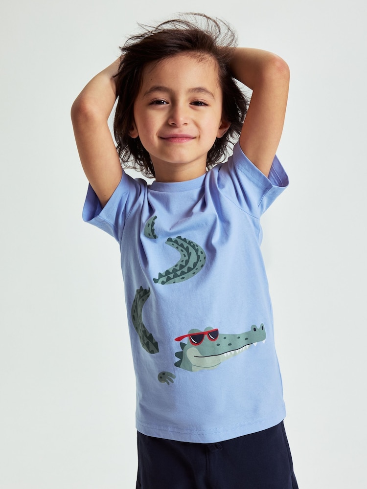 Polarn O. Pyret Blue Crocodile Print Cotton T-Shirt - Image 1 of 6 Polarn O. Pyret Blue Crocodile Print Cotton T-Shirt - Image 1 of 6