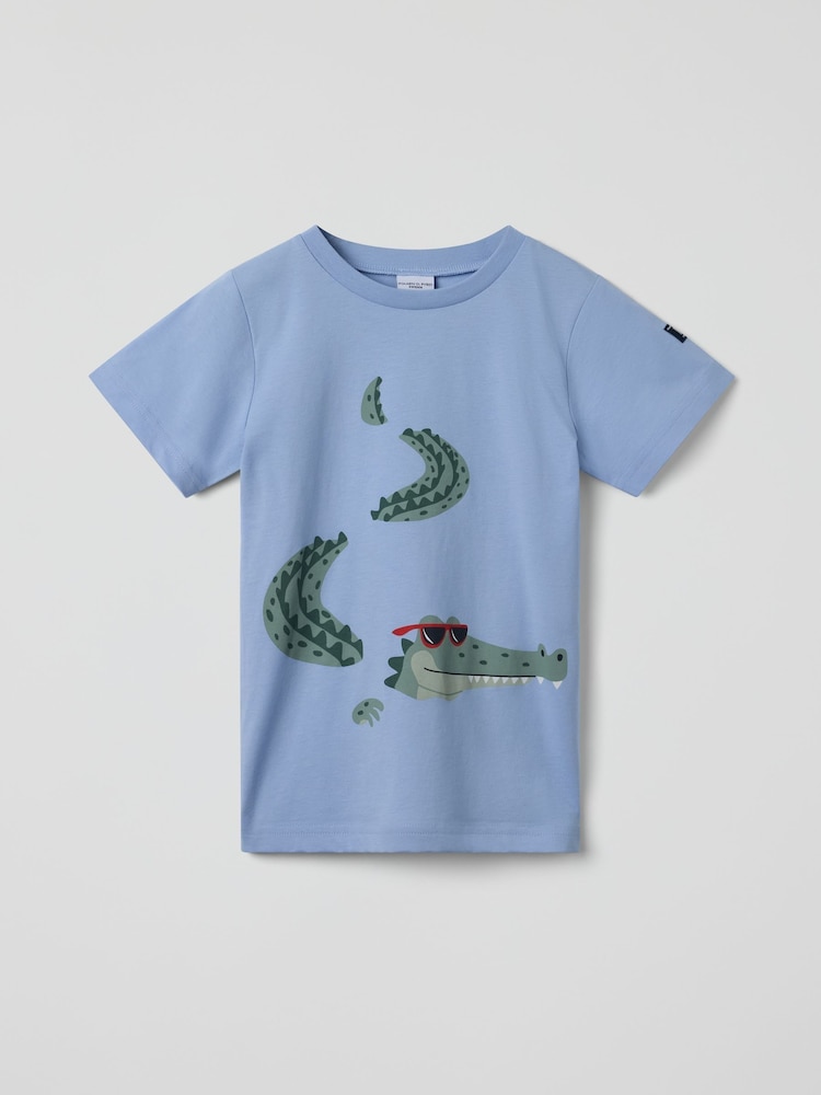 Polarn O Pyret Blue Crocodile Print 100% Organic Cotton T-Shirt - Image 3 of 6