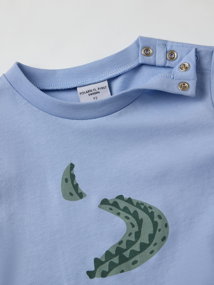 Polarn O Pyret Blue Crocodile Print 100% Organic Cotton T-Shirt - Image 4 of 6