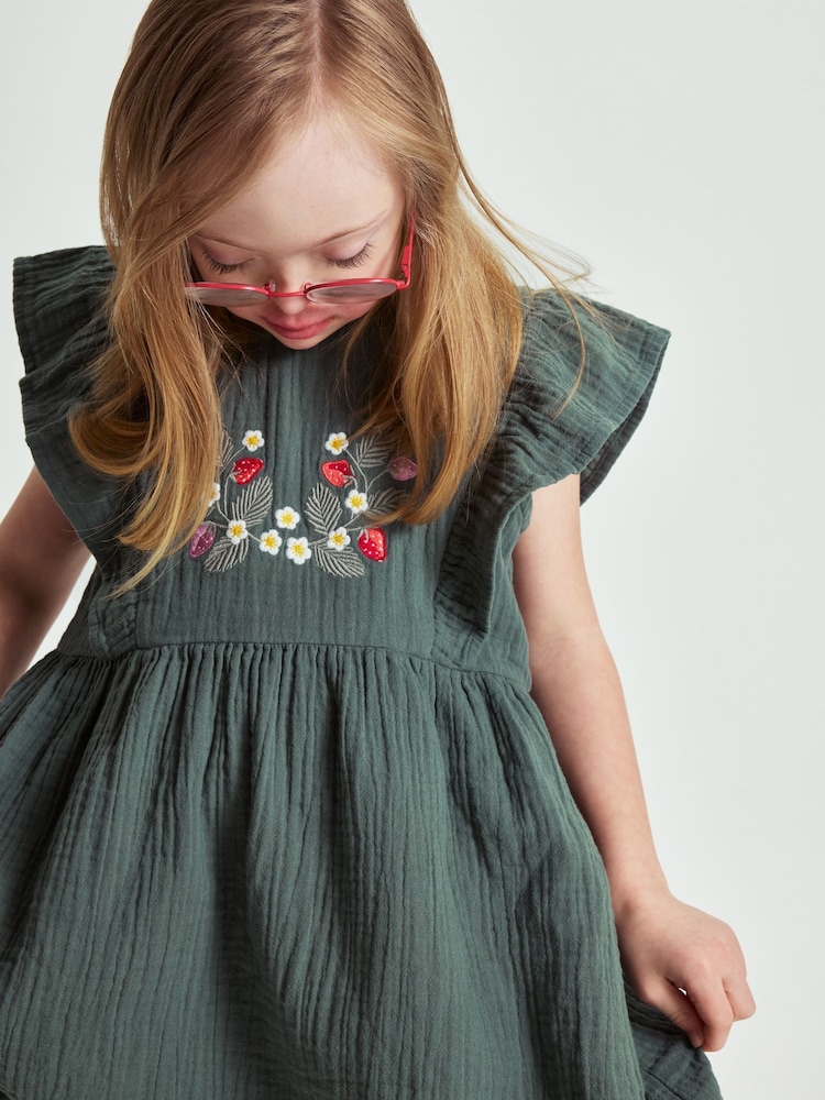 Polarn O. Pyret Green Embroidered Cotton Dress - Image 1 of 5