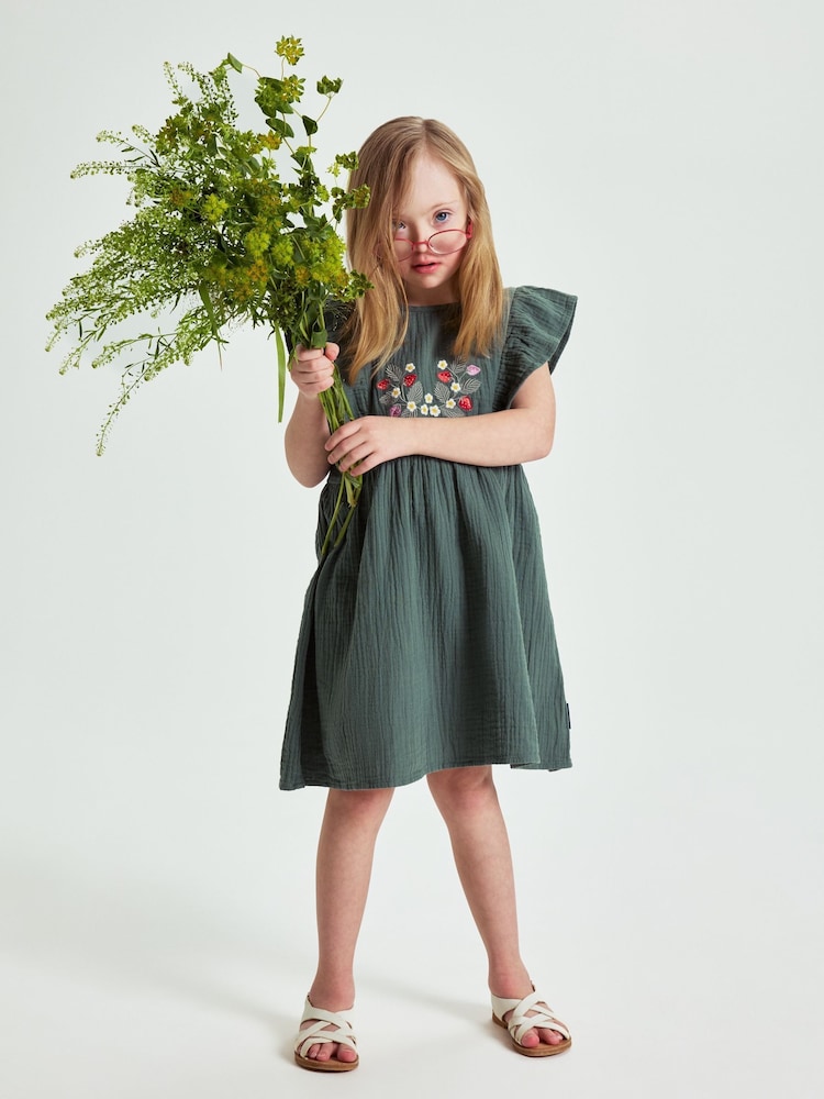 Polarn O. Pyret Green Embroidered Cotton Dress - Image 2 of 5