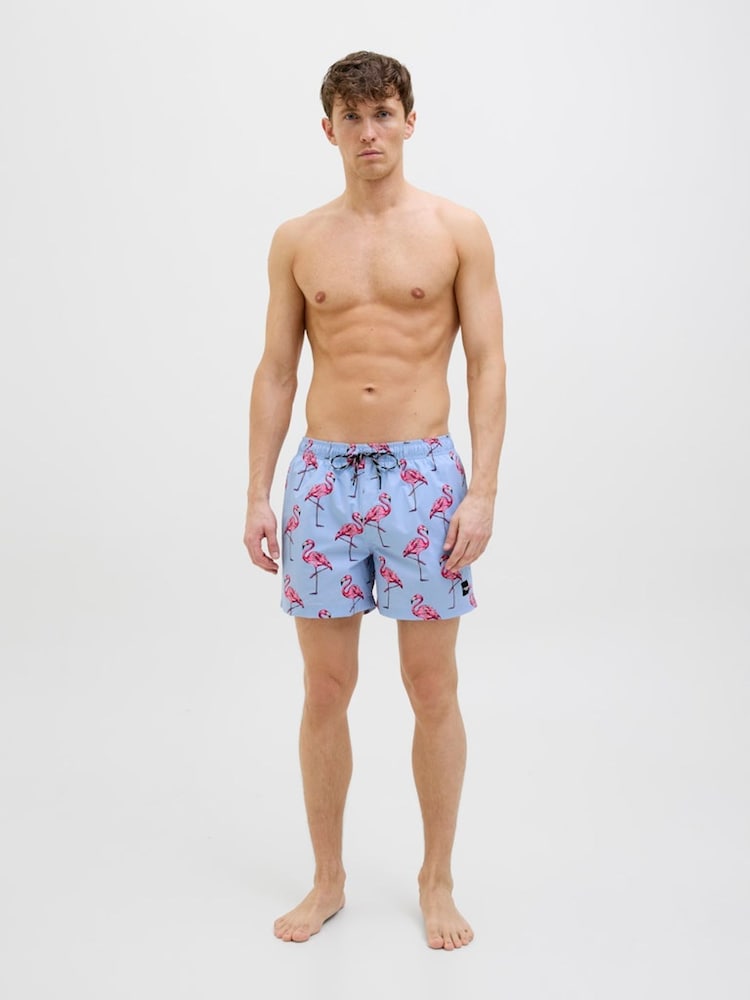 JACK & JONES Blue Flamingo Print Swim Shorts - Image 1 of 3