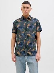 JACK & JONES Grey Hawaiian Resort Short Sleeve 100% Cotton Shirt - Image 1 of 6