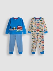 JoJo Maman Bébé Blue Transport Mix And Match 2 Pack Pyjamas - Image 1 of 10