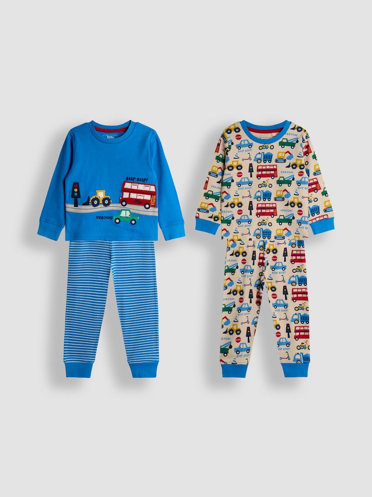 JoJo Maman Bébé Blue Transport Mix And Match 2 Pack Pyjamas - Image 1 of 10