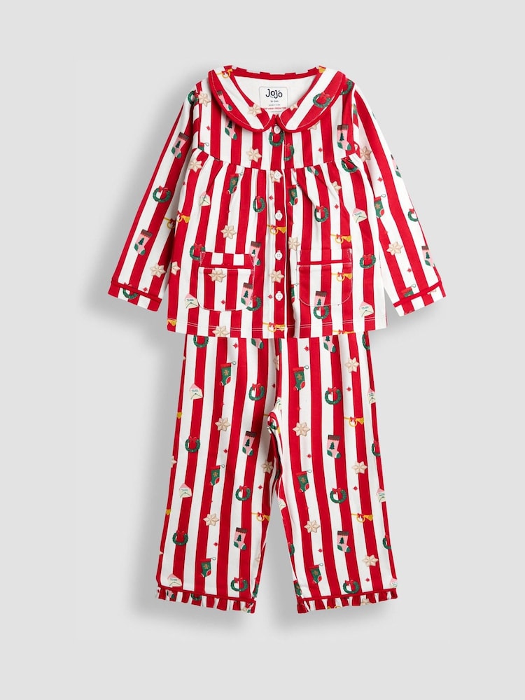 JoJo Maman Bébé Red Christmas Stripe Jersey Pretty Collar Pyjamas - Image 2 of 7 JoJo Maman Bébé Red Christmas Stripe Jersey Pretty Collar Pyjamas - Image 2 of 7