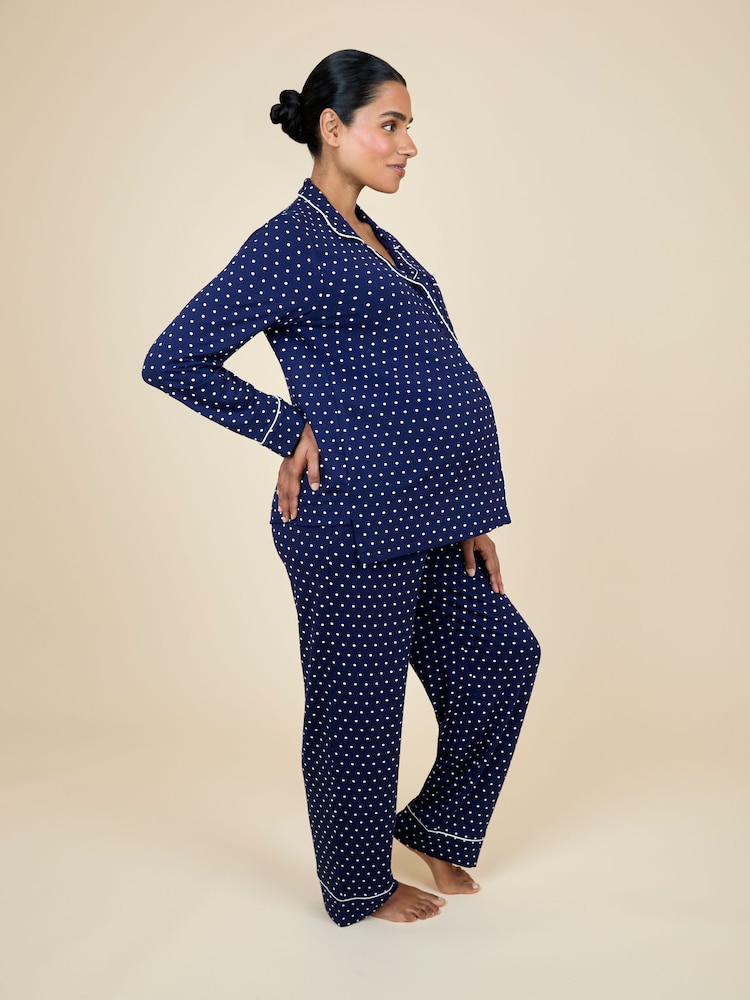 JoJo Maman Bébé Navy Spot Maternity Button Through Pyjama Set - Image 10 of 10