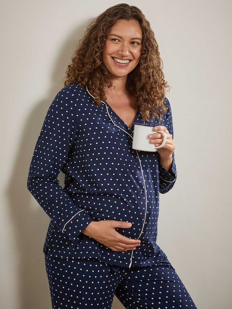 JoJo Maman Bébé Navy Spot Maternity Button Through Pyjama Set - Image 4 of 4