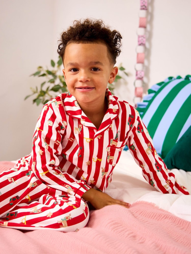 JoJo Maman Bébé Red Christmas Print Jersey Collar Pyjamas - Image 1 of 1