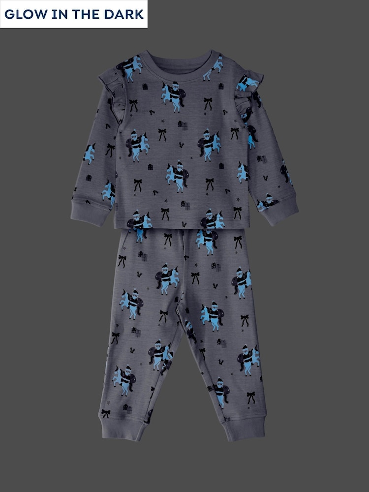 JoJo Maman Bébé Pink Christmas Unicorn Print Glow In The Dark Jersey Pyjamas - Image 1 of 7