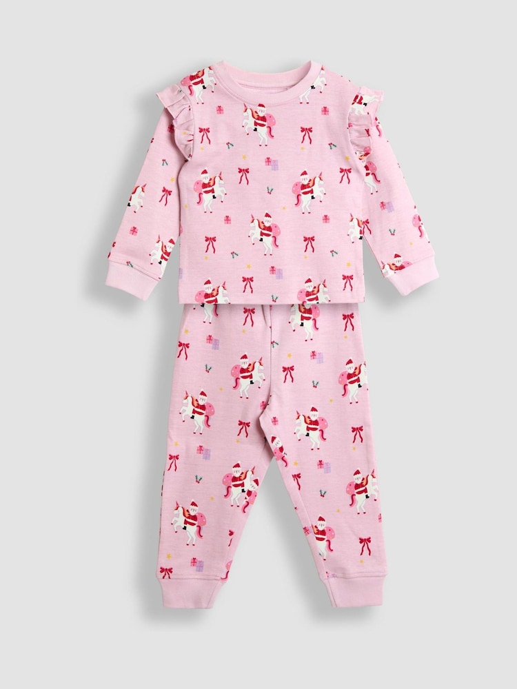 JoJo Maman Bébé Pink Christmas Unicorn Print Glow In The Dark Jersey Pyjamas - Image 2 of 7 JoJo Maman Bébé Pink Christmas Unicorn Print Glow In The Dark Jersey Pyjamas - Image 2 of 7