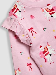 JoJo Maman Bébé Pink Christmas Unicorn Print Glow In The Dark Jersey Pyjamas - Image 7 of 7