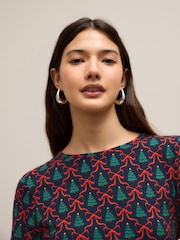 Navy Christmas Tree Bow Print Long Sleeve Dress - Image 5 of 9