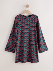 Navy Christmas Tree Bow Print Long Sleeve Dress - Image 6 of 9