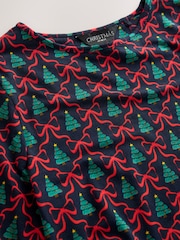 Navy Christmas Tree Bow Print Long Sleeve Dress - Image 8 of 9