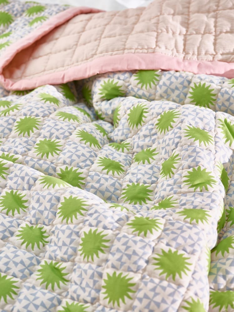 Oliver Bonas Pink Marina Sun Tile Reversible Cotton Bedspread - Image 1 of 5