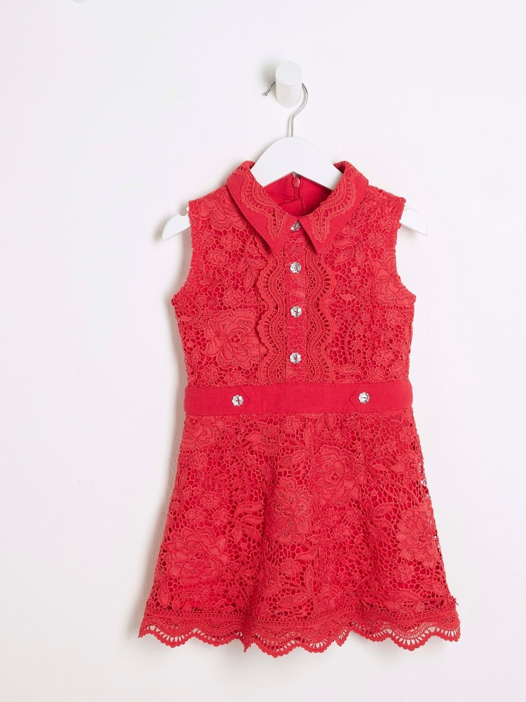 River Island Red Girls Lace Collar Shirt Dress - Image 1 of 1