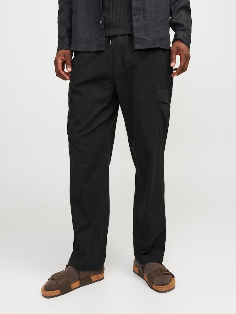 JACK & JONES Black Loose Fit Linen Blend Cargo Trousers - Image 3 of 5