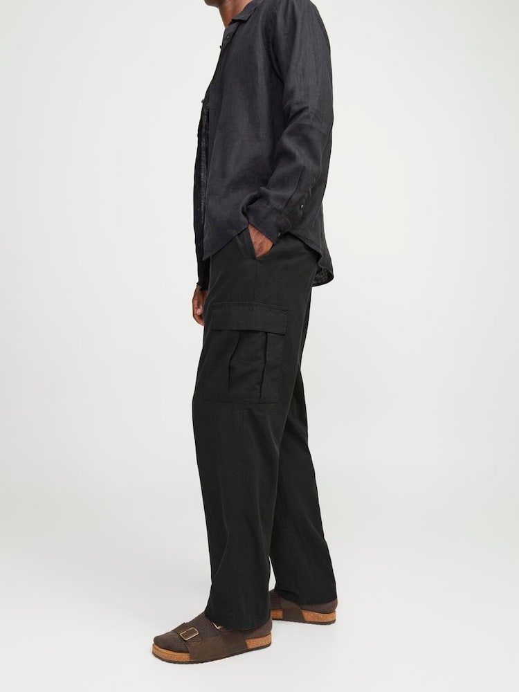 JACK & JONES Black Loose Fit Linen Blend Cargo Trousers - Image 4 of 5