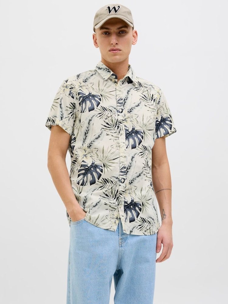JACK & JONES Cream Hawaiian Resort Short Sleeve 100% Cotton Shirt - Image 2 of 4