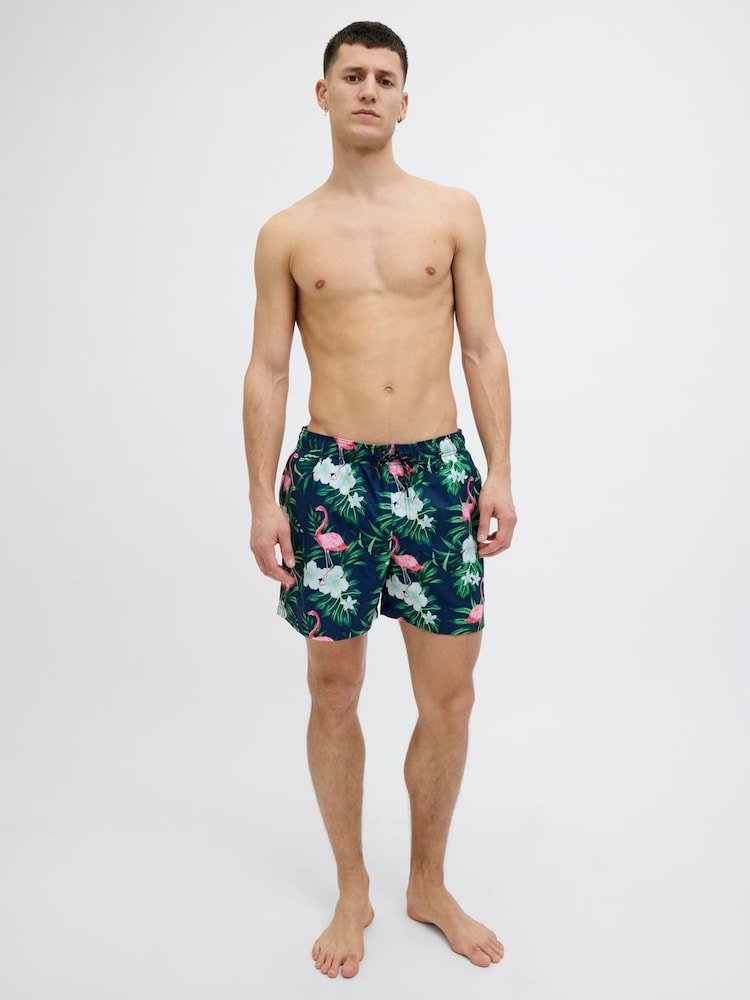 JACK & JONES Blue Flamingo Printed Swim Shorts - Image 1 of 9 JACK & JONES Blue Flamingo Printed Swim Shorts - Image 1 of 9