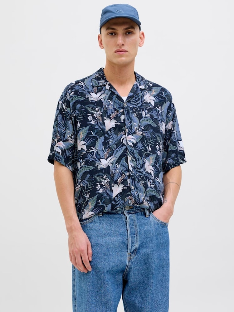 JACK & JONES Blue Tropical Print Short Sleeve Resort Shirt - Image 1 of 7