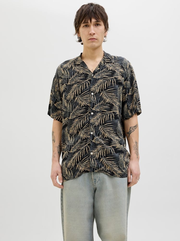JACK & JONES Black Tropical Print Short Sleeve Resort Shirt - Image 2 of 5