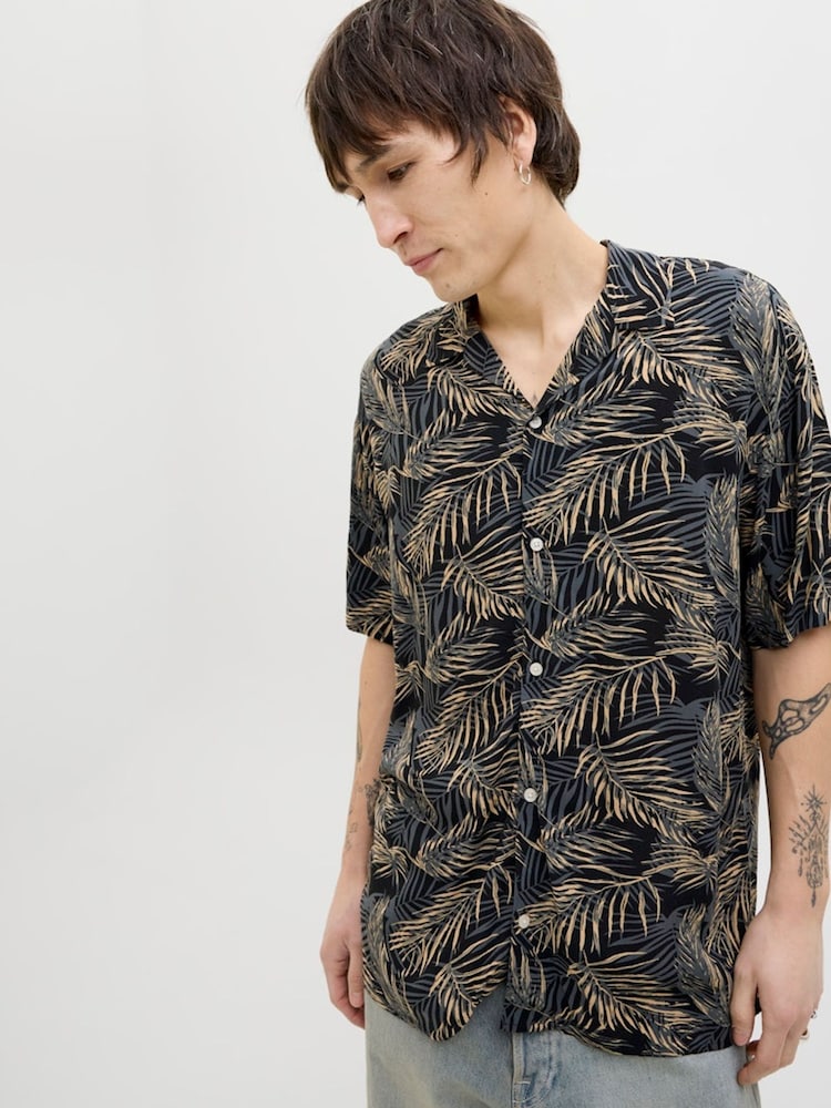JACK & JONES Black Tropical Print Short Sleeve Resort Shirt - Image 4 of 5