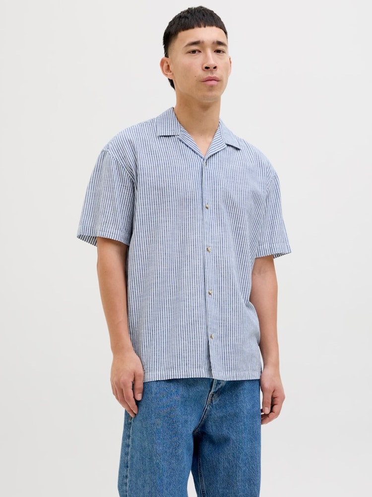 JACK & JONES Blue Short Sleeve Striped Resort Shirt - Image 1 of 5
