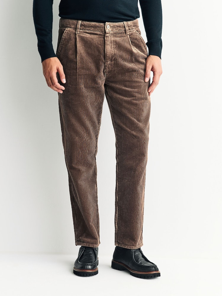Tan Brown Slim Fit Corduroy Single Pleated Trousers - Image 1 of 8 Tan Brown Slim Fit Corduroy Single Pleated Trousers - Image 1 of 8