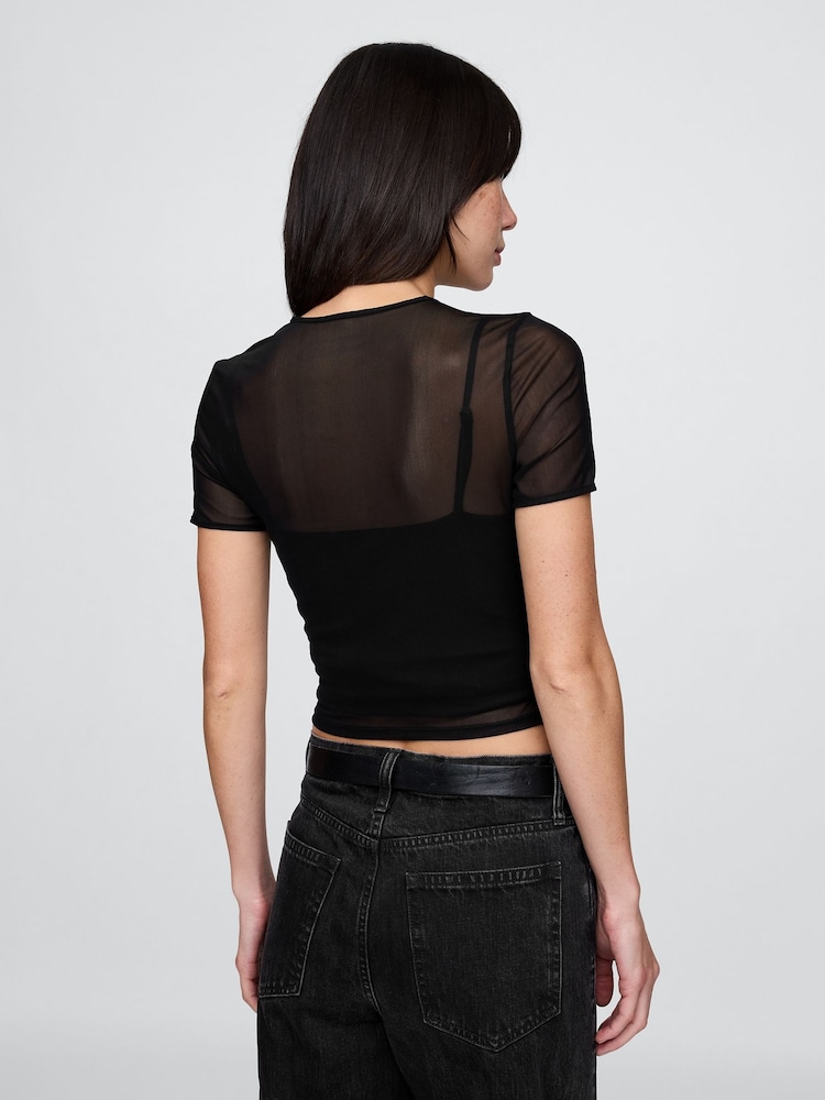 Gap Black Soft Stretch Mesh Cropped T-Shirt - Image 2 of 5 Gap Black Soft Stretch Mesh Cropped T-Shirt - Image 2 of 5