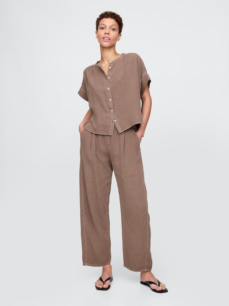 Gap Brown 100% Cotton Crinkle Gauze Easy Barrel Trousers - Image 1 of 5