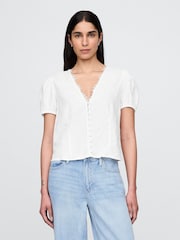 Gap White Linen-Blend Lace V-Neck Top - Image 2 of 4