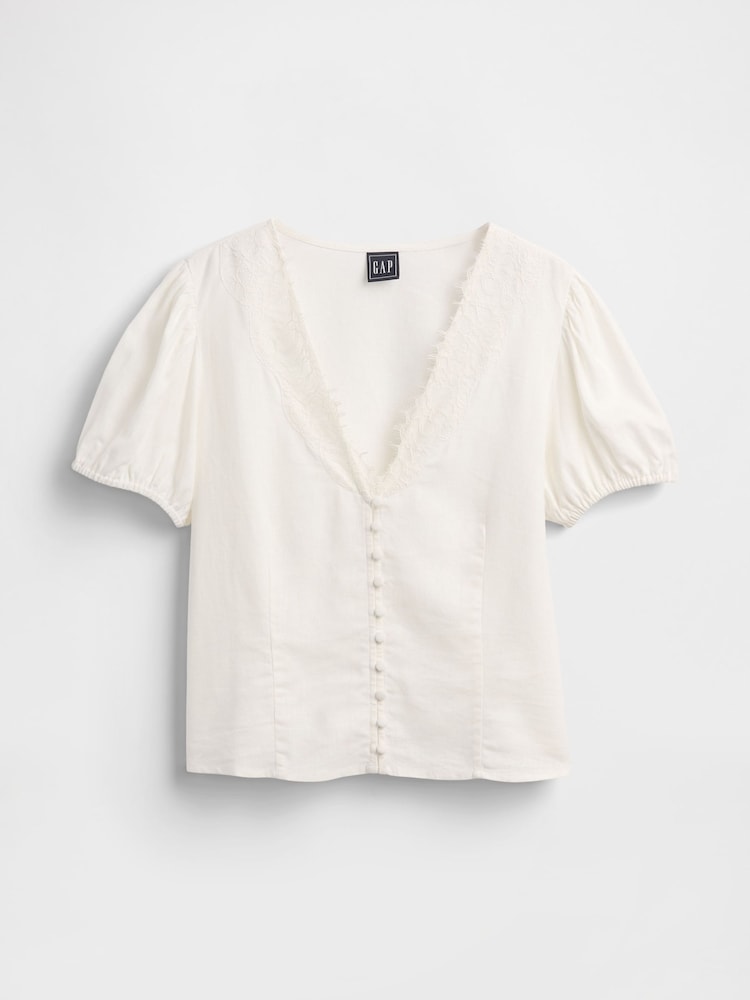 Gap White Linen-Blend Lace V-Neck Top - Image 4 of 4